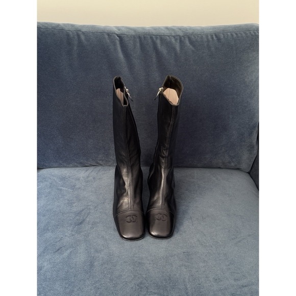 Chanel Vintage Interlocking CC Logo Y2K Black Leather Boots Size 6B - Picture 12 of 13